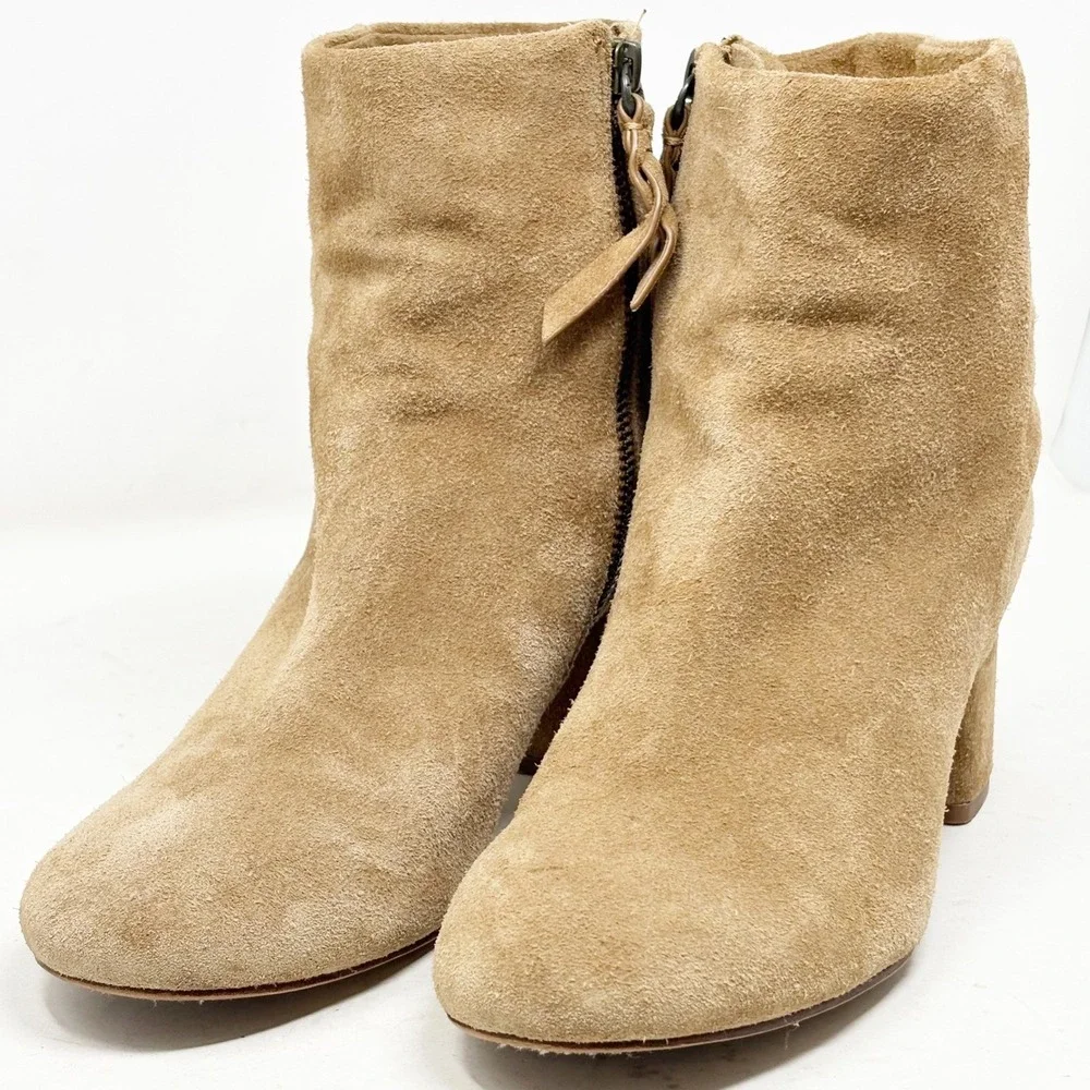 Splendid Tan Suede Ankle Boots Block Heel Round Toe Side Zip Size 6